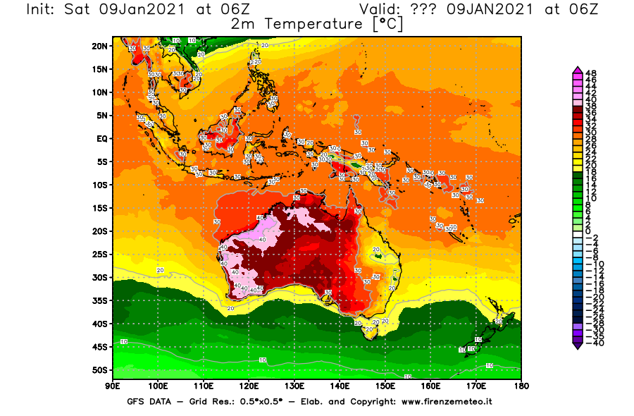 Mappa di analisi GFS - Temperatura a 2 metri dal suolo [°C] in Oceania
							del 09/01/2021 06 <!--googleoff: index-->UTC<!--googleon: index-->