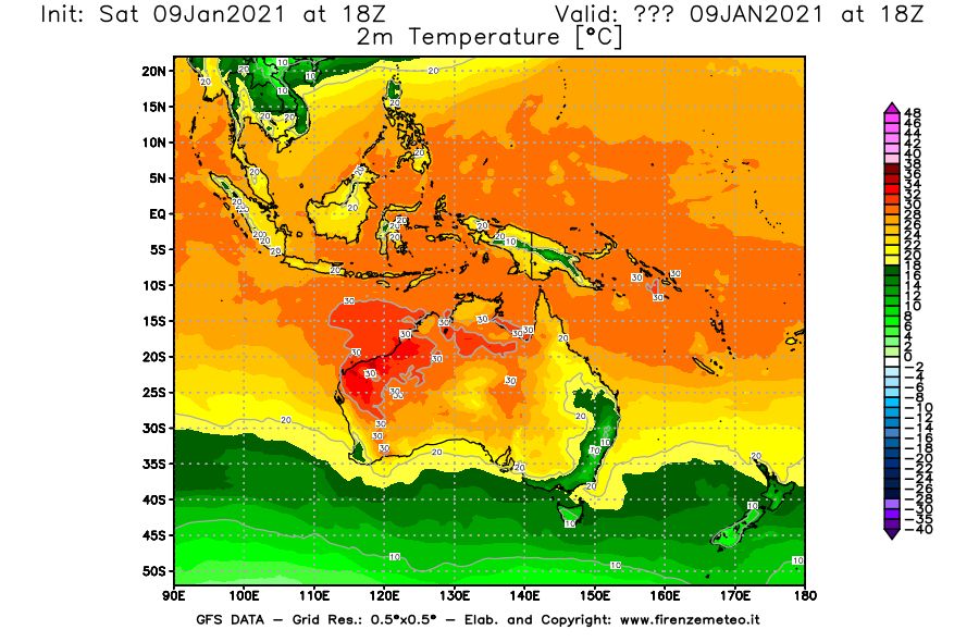 Mappa di analisi GFS - Temperatura a 2 metri dal suolo [°C] in Oceania
							del 09/01/2021 18 <!--googleoff: index-->UTC<!--googleon: index-->