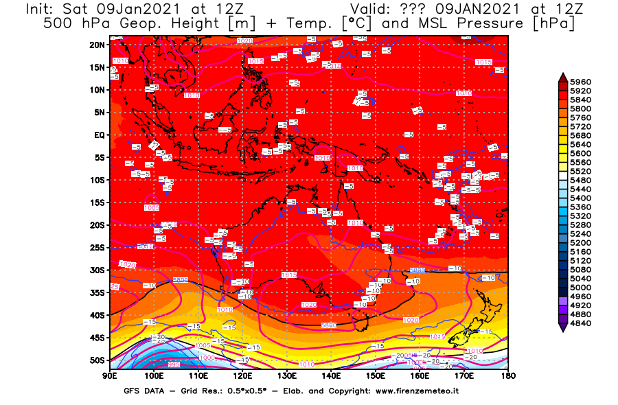 Mappa di analisi GFS - Geopotenziale [m] + Temp. [°C] a 500 hPa + Press. a livello del mare [hPa] in Oceania
							del 09/01/2021 12 <!--googleoff: index-->UTC<!--googleon: index-->