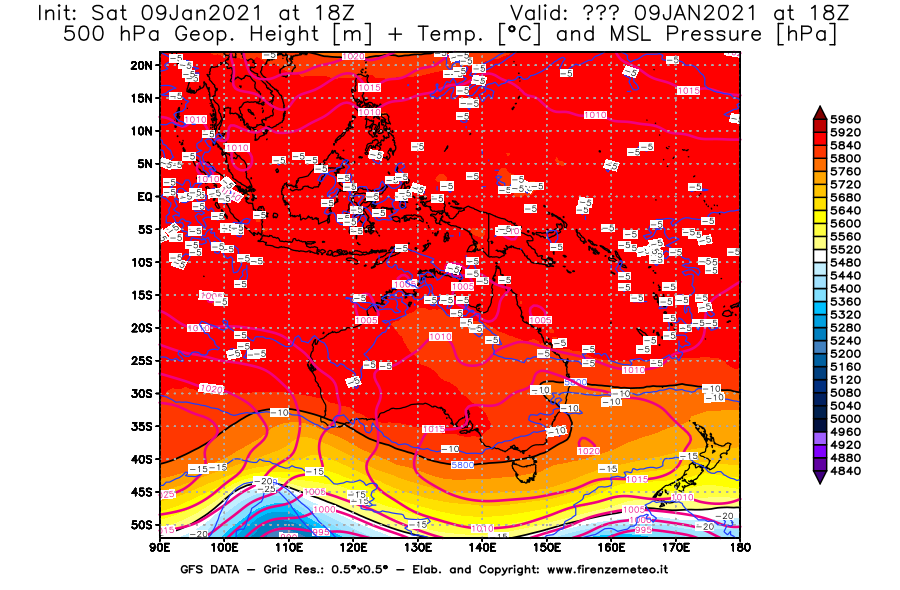 Mappa di analisi GFS - Geopotenziale [m] + Temp. [°C] a 500 hPa + Press. a livello del mare [hPa] in Oceania
							del 09/01/2021 18 <!--googleoff: index-->UTC<!--googleon: index-->