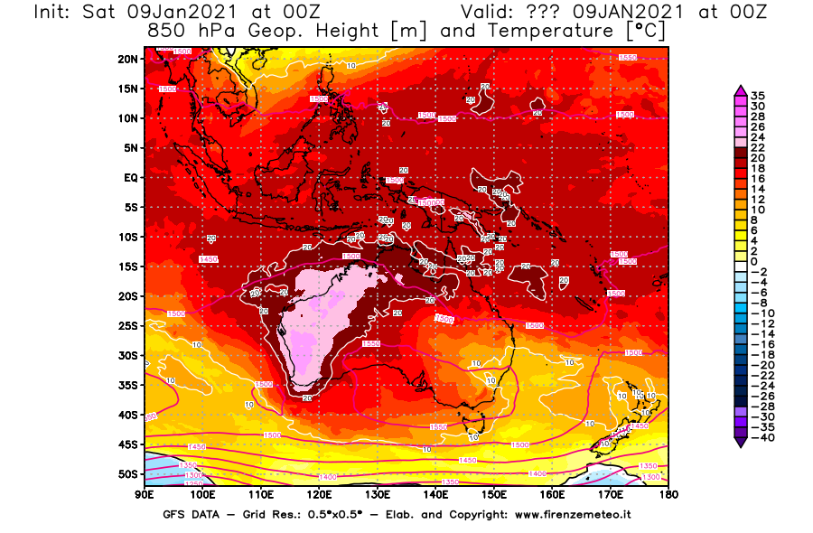 Mappa di analisi GFS - Geopotenziale [m] e Temperatura [°C] a 850 hPa in Oceania
							del 09/01/2021 00 <!--googleoff: index-->UTC<!--googleon: index-->