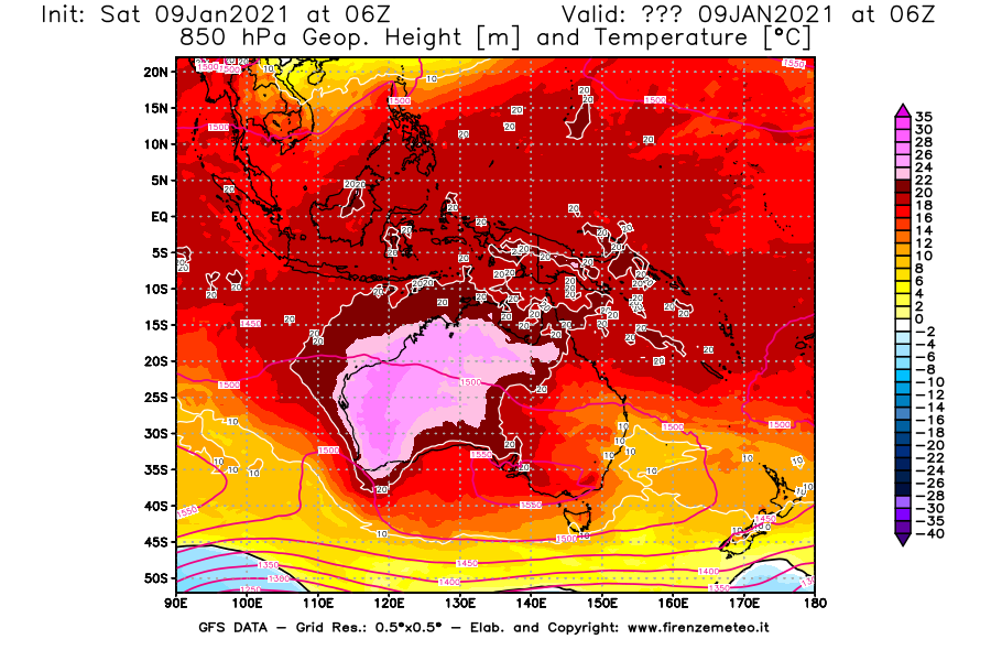 Mappa di analisi GFS - Geopotenziale [m] e Temperatura [°C] a 850 hPa in Oceania
							del 09/01/2021 06 <!--googleoff: index-->UTC<!--googleon: index-->