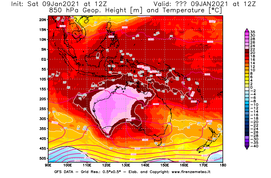 Mappa di analisi GFS - Geopotenziale [m] e Temperatura [°C] a 850 hPa in Oceania
							del 09/01/2021 12 <!--googleoff: index-->UTC<!--googleon: index-->
