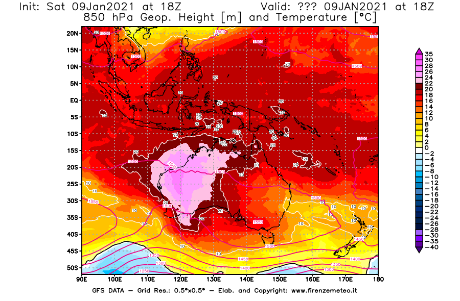 Mappa di analisi GFS - Geopotenziale [m] e Temperatura [°C] a 850 hPa in Oceania
							del 09/01/2021 18 <!--googleoff: index-->UTC<!--googleon: index-->