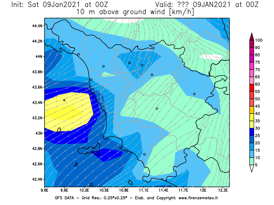 Mappa di analisi GFS - Velocità del vento a 10 metri dal suolo [km/h] in Toscana
							del 09/01/2021 00 <!--googleoff: index-->UTC<!--googleon: index-->