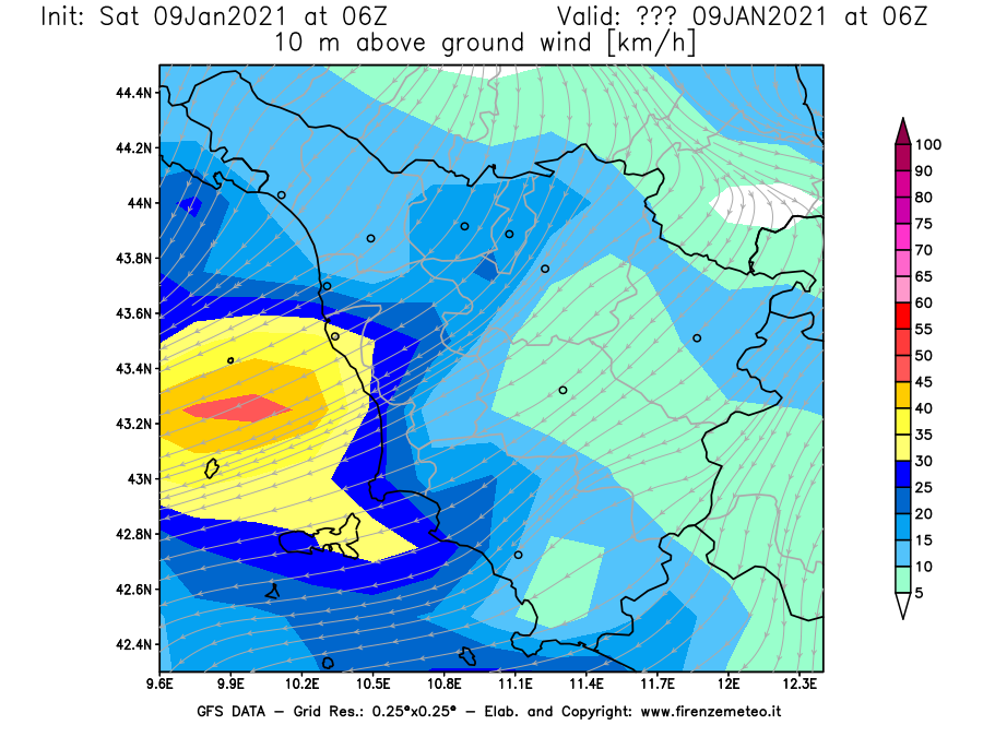 Mappa di analisi GFS - Velocità del vento a 10 metri dal suolo [km/h] in Toscana
							del 09/01/2021 06 <!--googleoff: index-->UTC<!--googleon: index-->