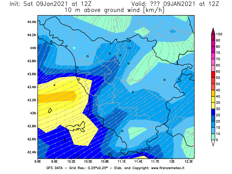 Mappa di analisi GFS - Velocità del vento a 10 metri dal suolo [km/h] in Toscana
							del 09/01/2021 12 <!--googleoff: index-->UTC<!--googleon: index-->
