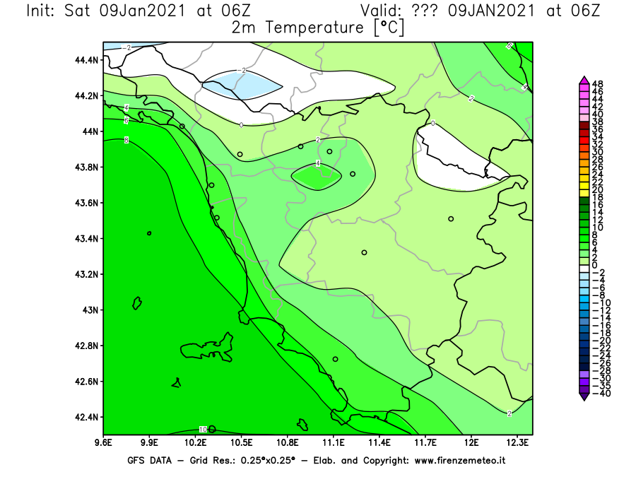 Mappa di analisi GFS - Temperatura a 2 metri dal suolo [°C] in Toscana
							del 09/01/2021 06 <!--googleoff: index-->UTC<!--googleon: index-->
