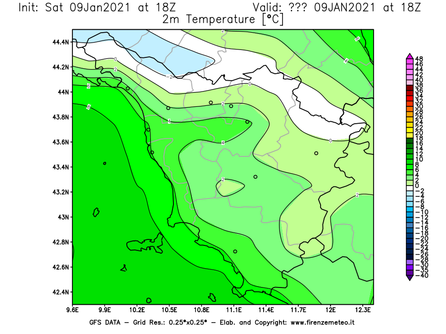 Mappa di analisi GFS - Temperatura a 2 metri dal suolo [°C] in Toscana
							del 09/01/2021 18 <!--googleoff: index-->UTC<!--googleon: index-->