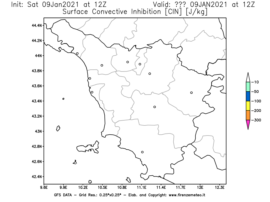 Mappa di analisi GFS - CIN [J/kg] in Toscana
							del 09/01/2021 12 <!--googleoff: index-->UTC<!--googleon: index-->