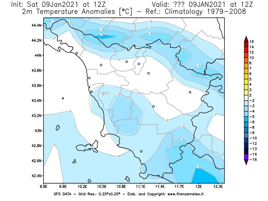 Mappa di analisi GFS - Anomalia Temperatura [°C] a 2 m in Toscana
							del 09/01/2021 12 <!--googleoff: index-->UTC<!--googleon: index-->