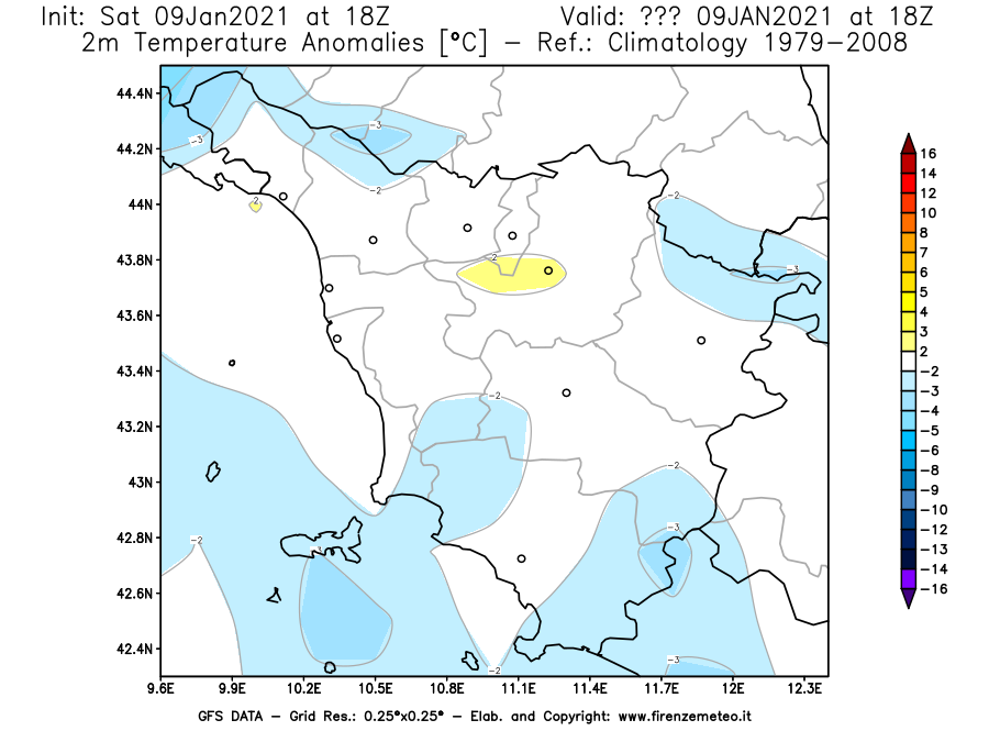 Mappa di analisi GFS - Anomalia Temperatura [°C] a 2 m in Toscana
							del 09/01/2021 18 <!--googleoff: index-->UTC<!--googleon: index-->