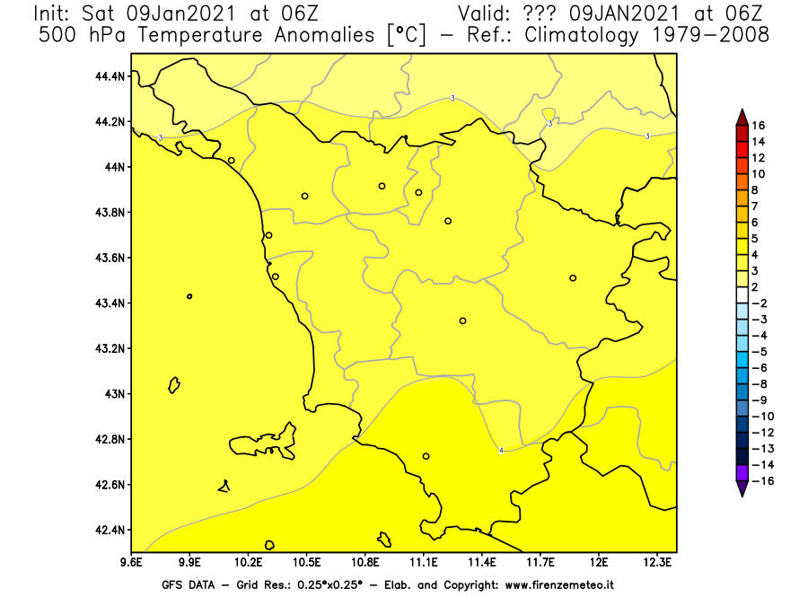 Mappa di analisi GFS - Anomalia Temperatura [°C] a 500 hPa in Toscana
							del 09/01/2021 06 <!--googleoff: index-->UTC<!--googleon: index-->