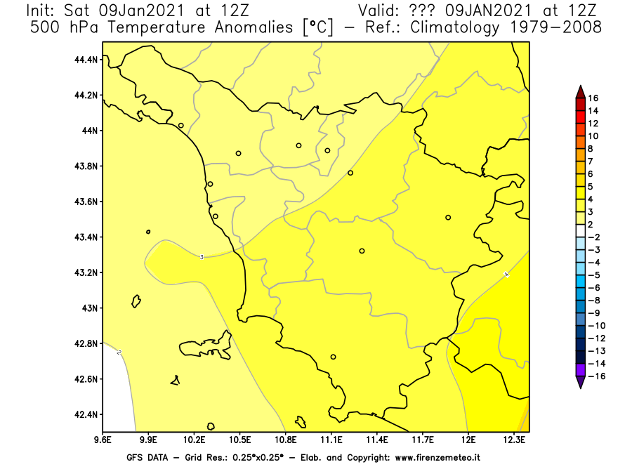 Mappa di analisi GFS - Anomalia Temperatura [°C] a 500 hPa in Toscana
							del 09/01/2021 12 <!--googleoff: index-->UTC<!--googleon: index-->