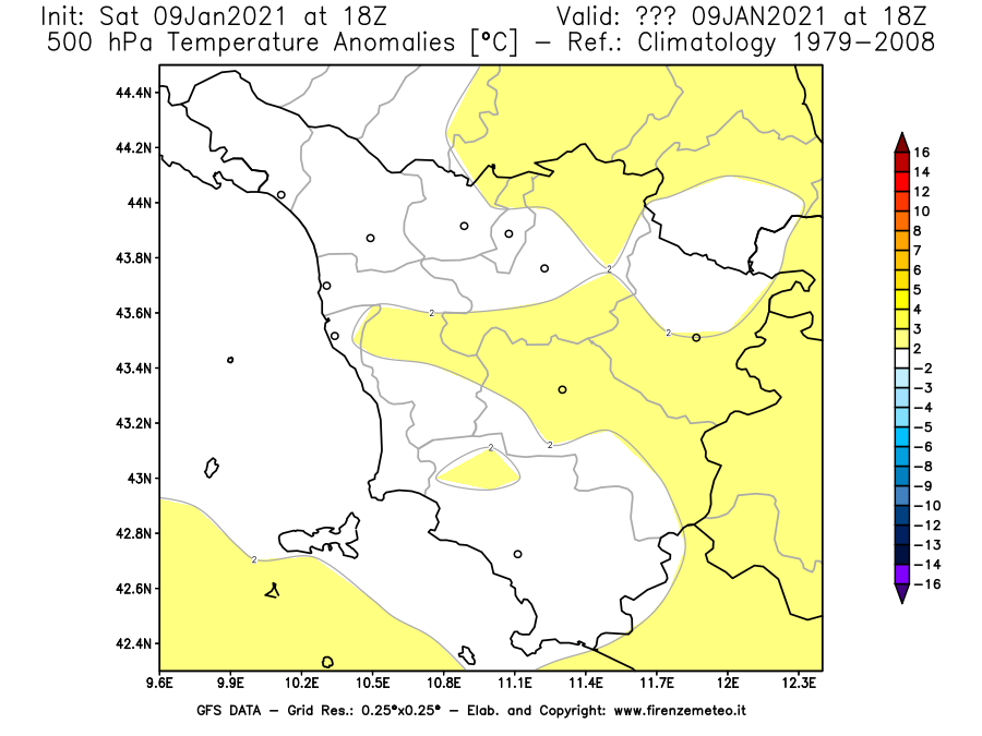 Mappa di analisi GFS - Anomalia Temperatura [°C] a 500 hPa in Toscana
							del 09/01/2021 18 <!--googleoff: index-->UTC<!--googleon: index-->