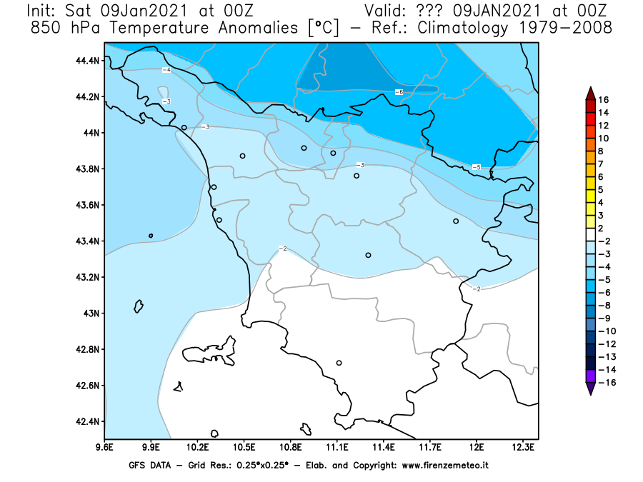 Mappa di analisi GFS - Anomalia Temperatura [°C] a 850 hPa in Toscana
							del 09/01/2021 00 <!--googleoff: index-->UTC<!--googleon: index-->
