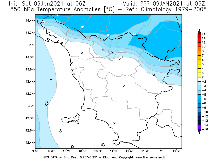 Mappa di analisi GFS - Anomalia Temperatura [°C] a 850 hPa in Toscana
							del 09/01/2021 06 <!--googleoff: index-->UTC<!--googleon: index-->