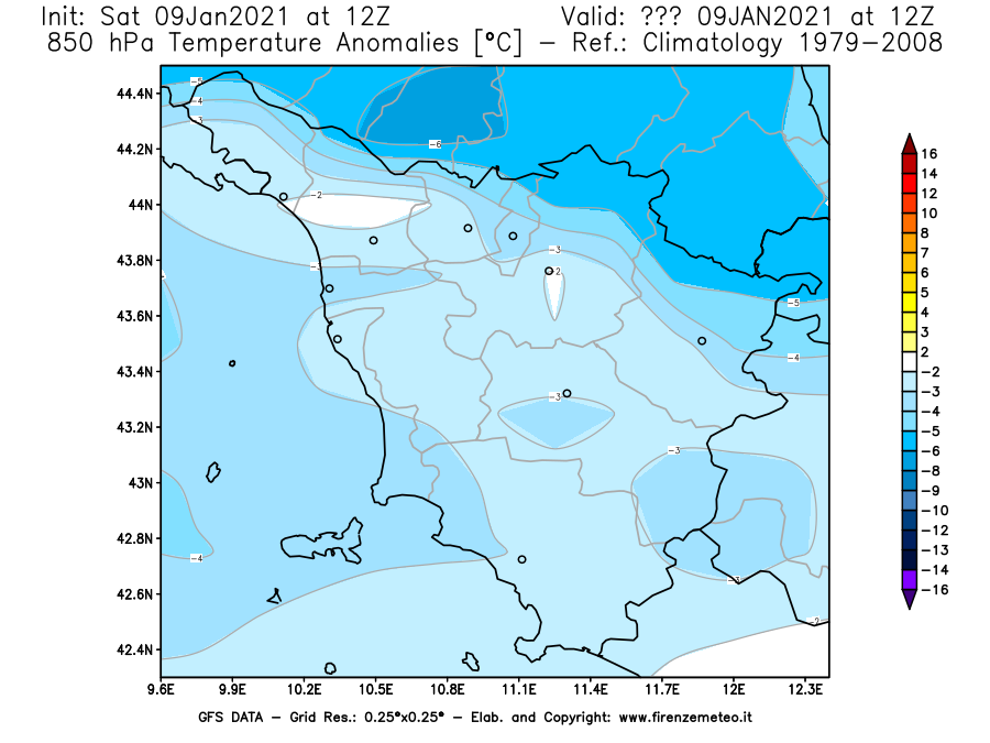 Mappa di analisi GFS - Anomalia Temperatura [°C] a 850 hPa in Toscana
							del 09/01/2021 12 <!--googleoff: index-->UTC<!--googleon: index-->