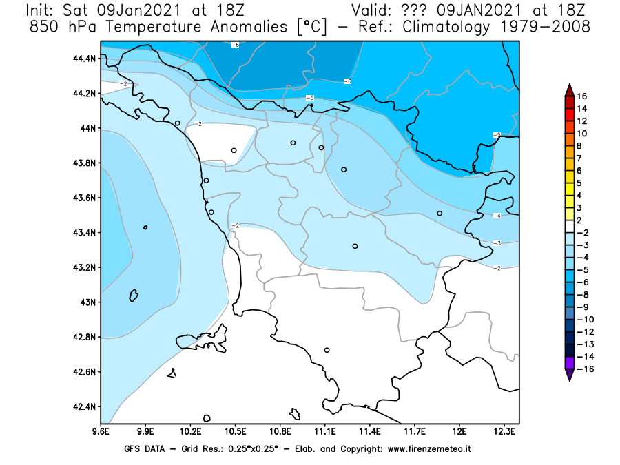 Mappa di analisi GFS - Anomalia Temperatura [°C] a 850 hPa in Toscana
							del 09/01/2021 18 <!--googleoff: index-->UTC<!--googleon: index-->