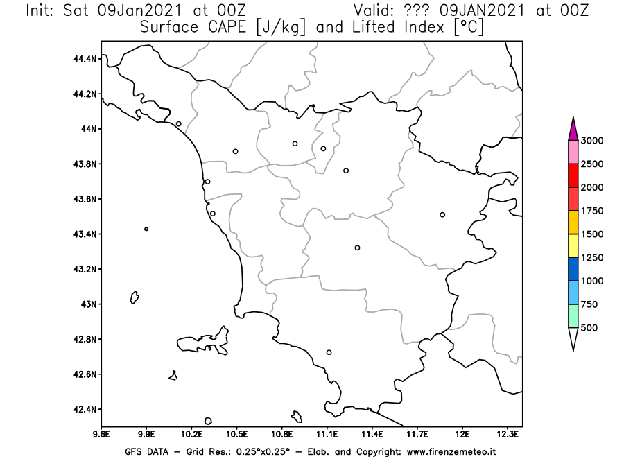Mappa di analisi GFS - CAPE [J/kg] e Lifted Index [°C] in Toscana
							del 09/01/2021 00 <!--googleoff: index-->UTC<!--googleon: index-->