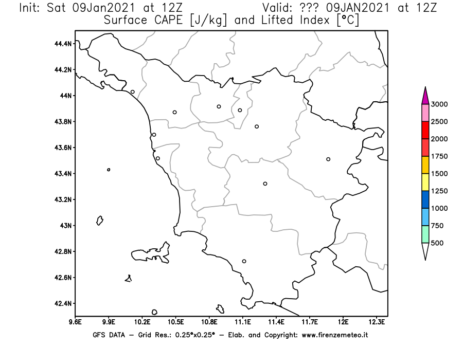 Mappa di analisi GFS - CAPE [J/kg] e Lifted Index [°C] in Toscana
							del 09/01/2021 12 <!--googleoff: index-->UTC<!--googleon: index-->