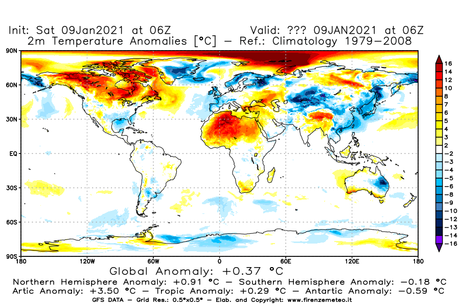 Mappa di analisi GFS - Anomalia Temperatura [°C] a 2 m in World
							del 09/01/2021 06 <!--googleoff: index-->UTC<!--googleon: index-->