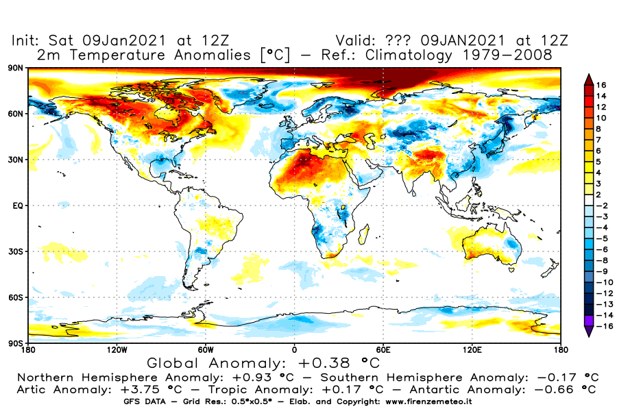 Mappa di analisi GFS - Anomalia Temperatura [°C] a 2 m in World
							del 09/01/2021 12 <!--googleoff: index-->UTC<!--googleon: index-->