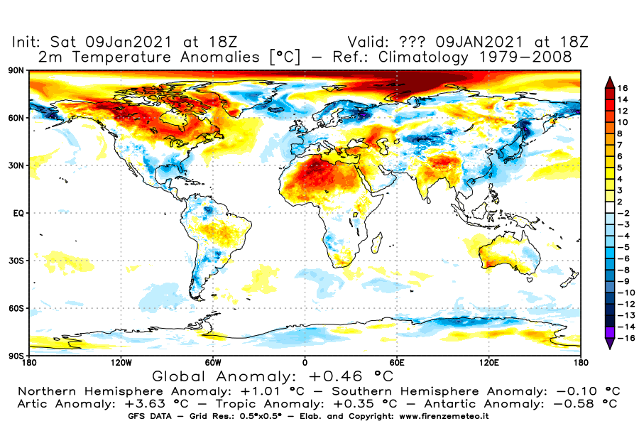 Mappa di analisi GFS - Anomalia Temperatura [°C] a 2 m in World
							del 09/01/2021 18 <!--googleoff: index-->UTC<!--googleon: index-->
