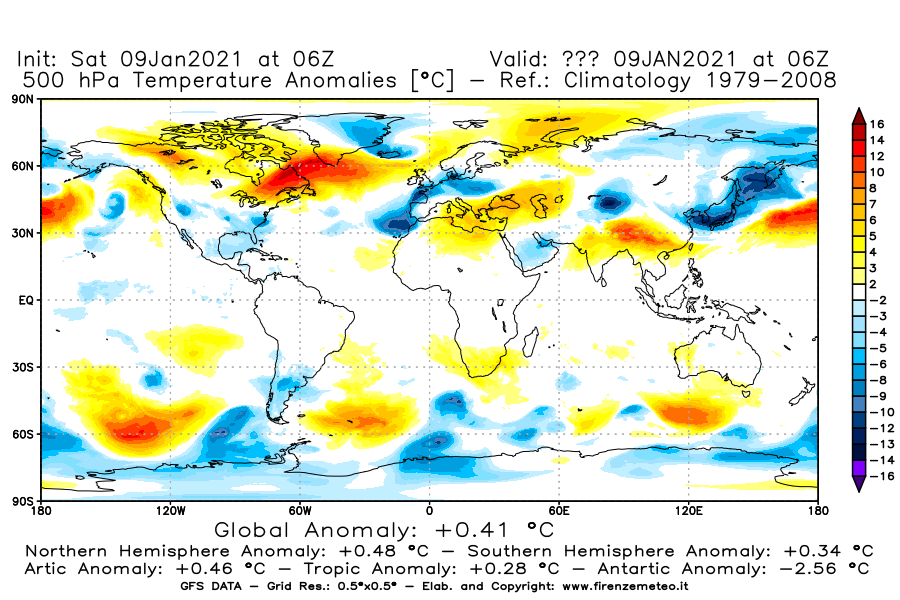Mappa di analisi GFS - Anomalia Temperatura [°C] a 500 hPa in World
							del 09/01/2021 06 <!--googleoff: index-->UTC<!--googleon: index-->