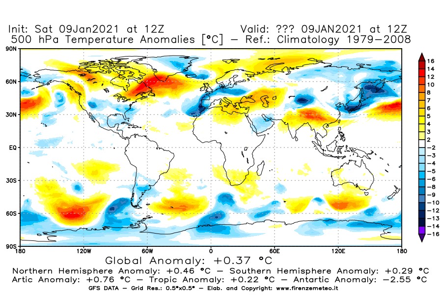 Mappa di analisi GFS - Anomalia Temperatura [°C] a 500 hPa in World
							del 09/01/2021 12 <!--googleoff: index-->UTC<!--googleon: index-->