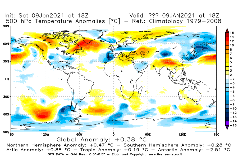 Mappa di analisi GFS - Anomalia Temperatura [°C] a 500 hPa in World
							del 09/01/2021 18 <!--googleoff: index-->UTC<!--googleon: index-->