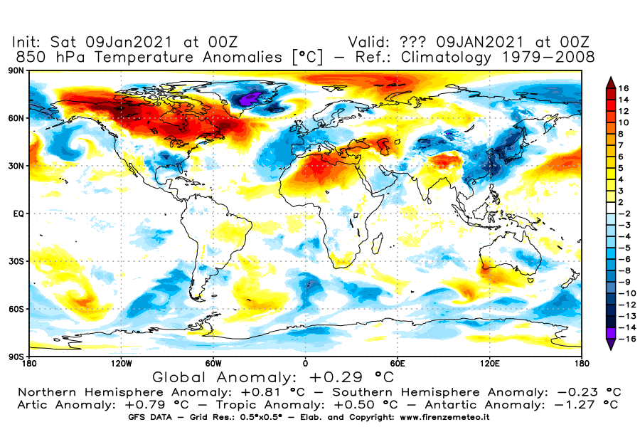 Mappa di analisi GFS - Anomalia Temperatura [°C] a 850 hPa in World
							del 09/01/2021 00 <!--googleoff: index-->UTC<!--googleon: index-->