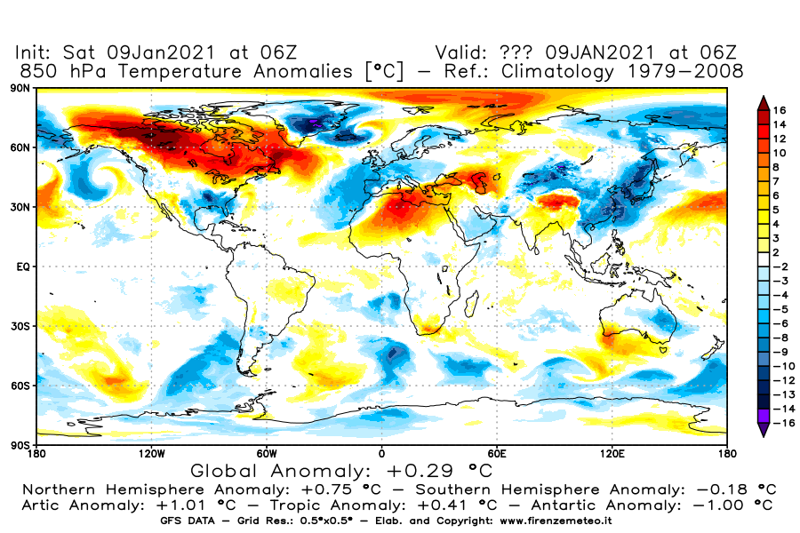 Mappa di analisi GFS - Anomalia Temperatura [°C] a 850 hPa in World
							del 09/01/2021 06 <!--googleoff: index-->UTC<!--googleon: index-->