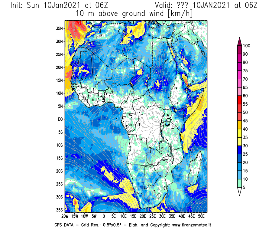 Mappa di analisi GFS - Velocità del vento a 10 metri dal suolo [km/h] in Africa
							del 10/01/2021 06 <!--googleoff: index-->UTC<!--googleon: index-->
