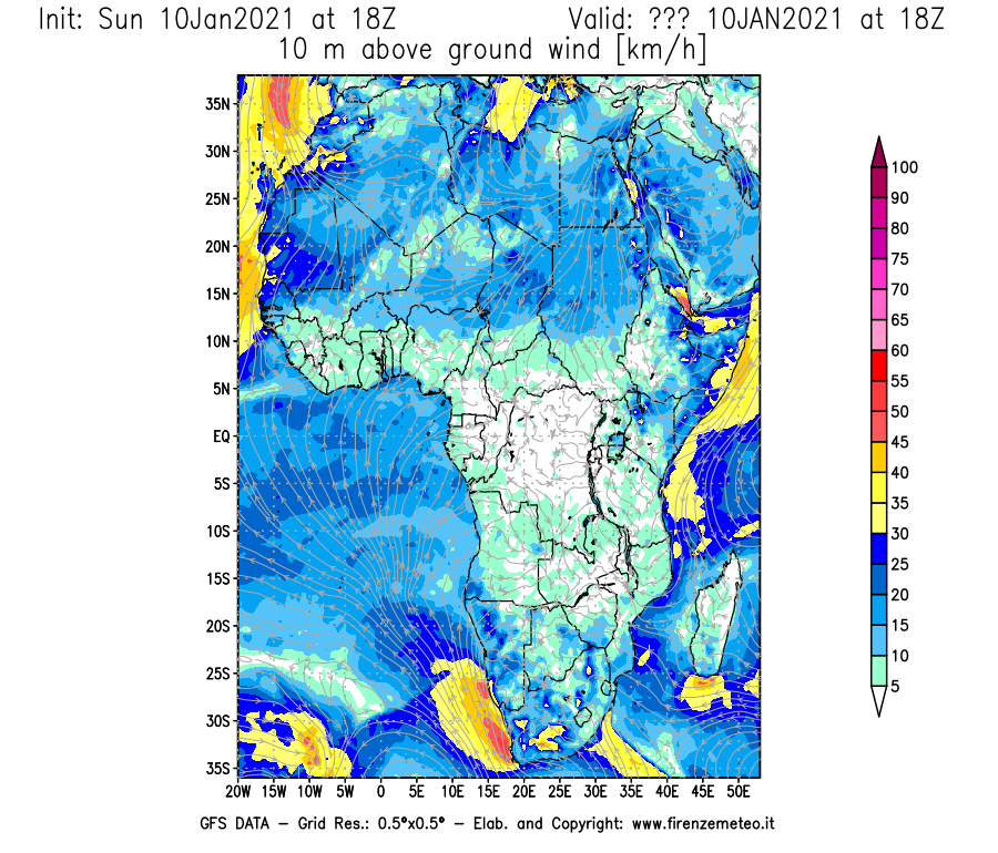 Mappa di analisi GFS - Velocità del vento a 10 metri dal suolo [km/h] in Africa
									del 10/01/2021 18 <!--googleoff: index-->UTC<!--googleon: index-->