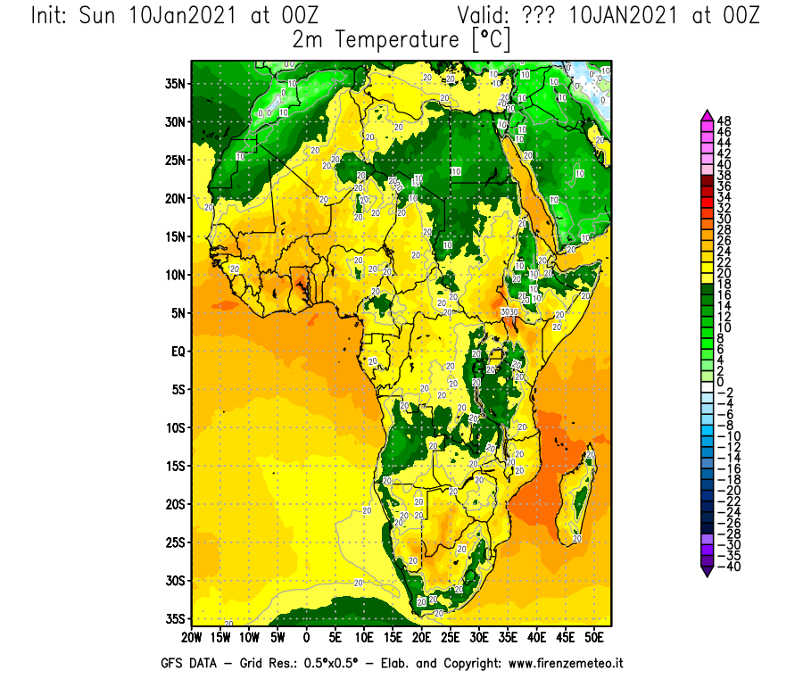 Mappa di analisi GFS - Temperatura a 2 metri dal suolo [°C] in Africa
							del 10/01/2021 00 <!--googleoff: index-->UTC<!--googleon: index-->