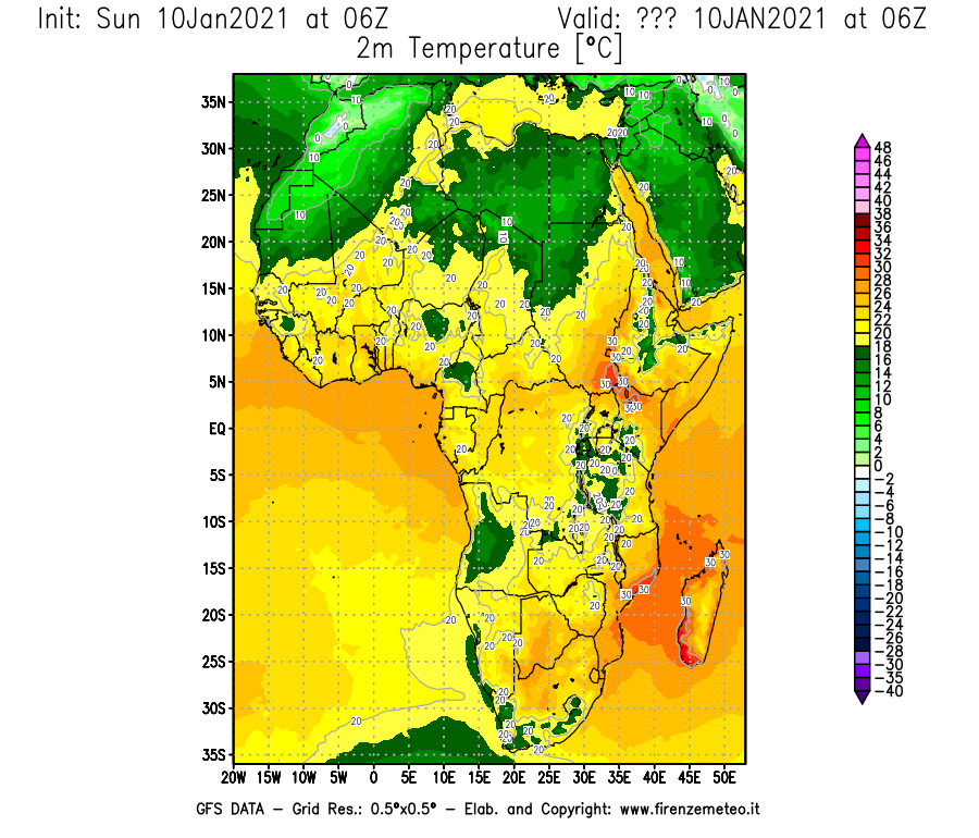 Mappa di analisi GFS - Temperatura a 2 metri dal suolo [°C] in Africa
							del 10/01/2021 06 <!--googleoff: index-->UTC<!--googleon: index-->
