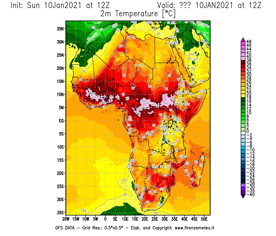 Mappa di analisi GFS - Temperatura a 2 metri dal suolo [°C] in Africa
									del 10/01/2021 12 <!--googleoff: index-->UTC<!--googleon: index-->