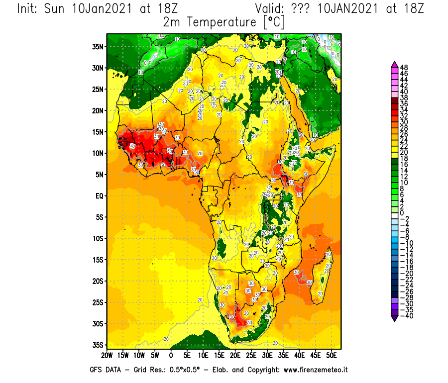 Mappa di analisi GFS - Temperatura a 2 metri dal suolo [°C] in Africa
							del 10/01/2021 18 <!--googleoff: index-->UTC<!--googleon: index-->