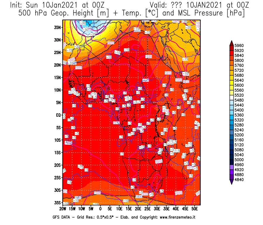 Mappa di analisi GFS - Geopotenziale [m] + Temp. [°C] a 500 hPa + Press. a livello del mare [hPa] in Africa
									del 10/01/2021 00 <!--googleoff: index-->UTC<!--googleon: index-->