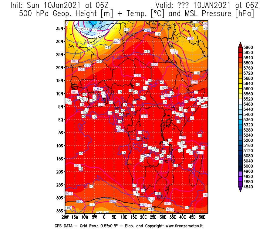 Mappa di analisi GFS - Geopotenziale [m] + Temp. [°C] a 500 hPa + Press. a livello del mare [hPa] in Africa
							del 10/01/2021 06 <!--googleoff: index-->UTC<!--googleon: index-->