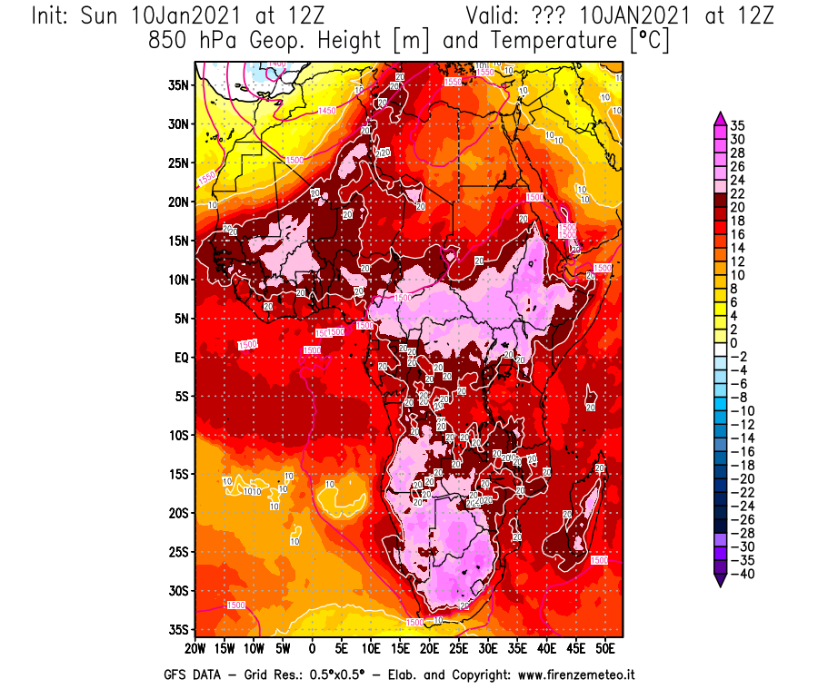 Mappa di analisi GFS - Geopotenziale [m] e Temperatura [°C] a 850 hPa in Africa
									del 10/01/2021 12 <!--googleoff: index-->UTC<!--googleon: index-->