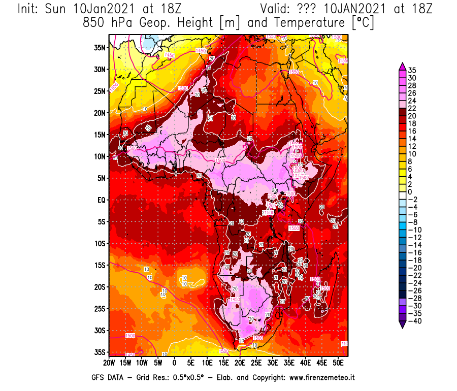 Mappa di analisi GFS - Geopotenziale [m] e Temperatura [°C] a 850 hPa in Africa
									del 10/01/2021 18 <!--googleoff: index-->UTC<!--googleon: index-->
