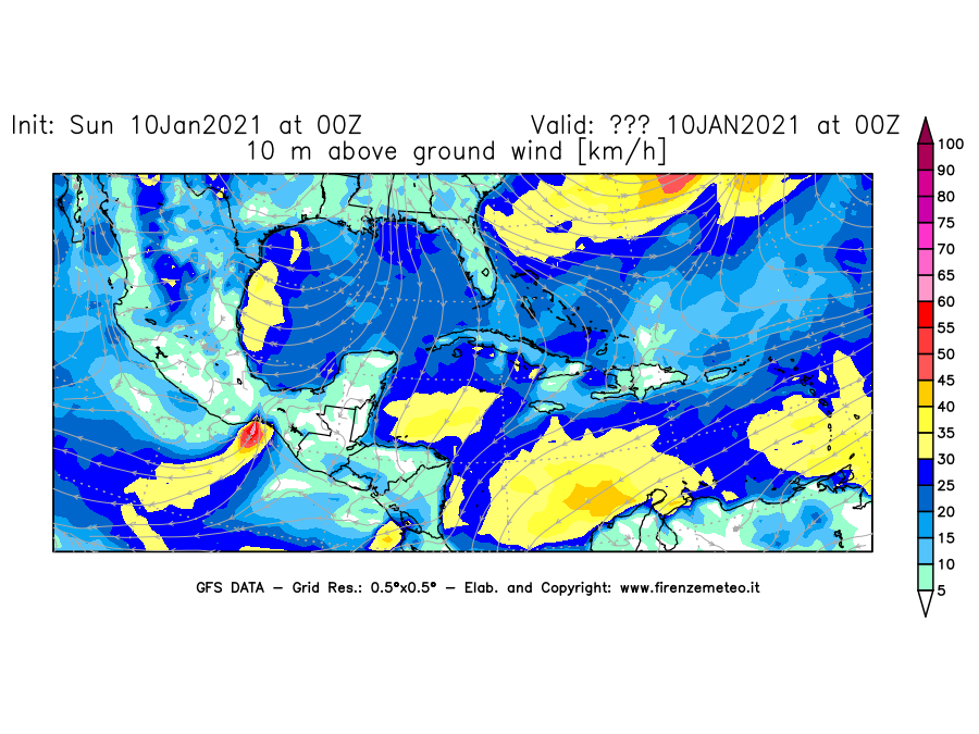Mappa di analisi GFS - Velocità del vento a 10 metri dal suolo [km/h] in Centro-America
									del 10/01/2021 00 <!--googleoff: index-->UTC<!--googleon: index-->