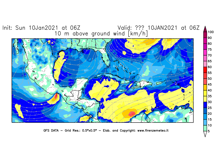 Mappa di analisi GFS - Velocità del vento a 10 metri dal suolo [km/h] in Centro-America
							del 10/01/2021 06 <!--googleoff: index-->UTC<!--googleon: index-->