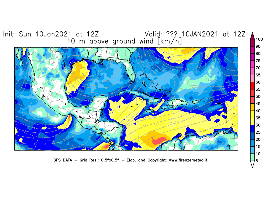 Mappa di analisi GFS - Velocità del vento a 10 metri dal suolo [km/h] in Centro-America
							del 10/01/2021 12 <!--googleoff: index-->UTC<!--googleon: index-->