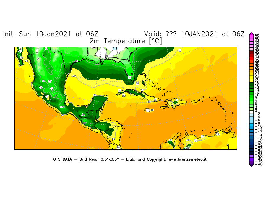Mappa di analisi GFS - Temperatura a 2 metri dal suolo [°C] in Centro-America
							del 10/01/2021 06 <!--googleoff: index-->UTC<!--googleon: index-->