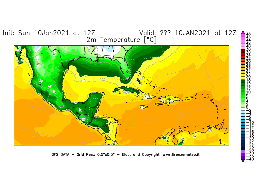 Mappa di analisi GFS - Temperatura a 2 metri dal suolo [°C] in Centro-America
							del 10/01/2021 12 <!--googleoff: index-->UTC<!--googleon: index-->