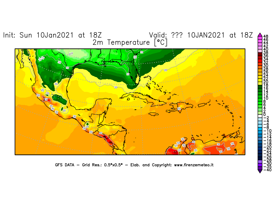 Mappa di analisi GFS - Temperatura a 2 metri dal suolo [°C] in Centro-America
							del 10/01/2021 18 <!--googleoff: index-->UTC<!--googleon: index-->