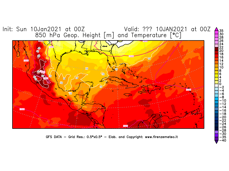 Mappa di analisi GFS - Geopotenziale [m] e Temperatura [°C] a 850 hPa in Centro-America
									del 10/01/2021 00 <!--googleoff: index-->UTC<!--googleon: index-->